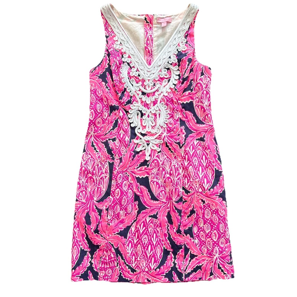 Lilly Pulitzer Dress Women 4 Shift Sleeveless V Neck Pink Pineapple Print